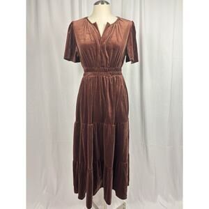 Women’s Velvet Tiered Short Sleeve Elastic Waist Maxi Dress Coffee Brown S